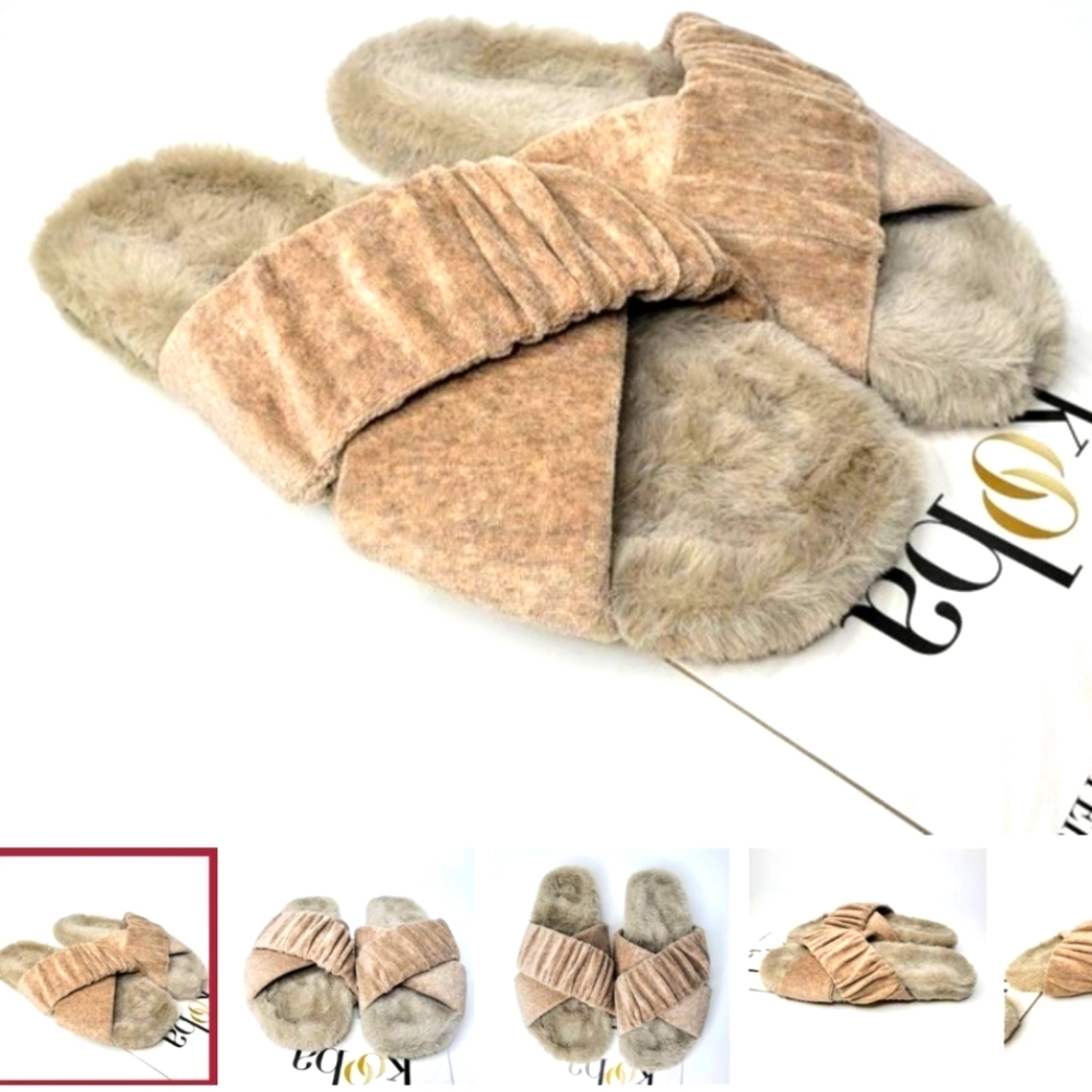 Kooba Cross Front Faux Fur Bottom Slipppers.